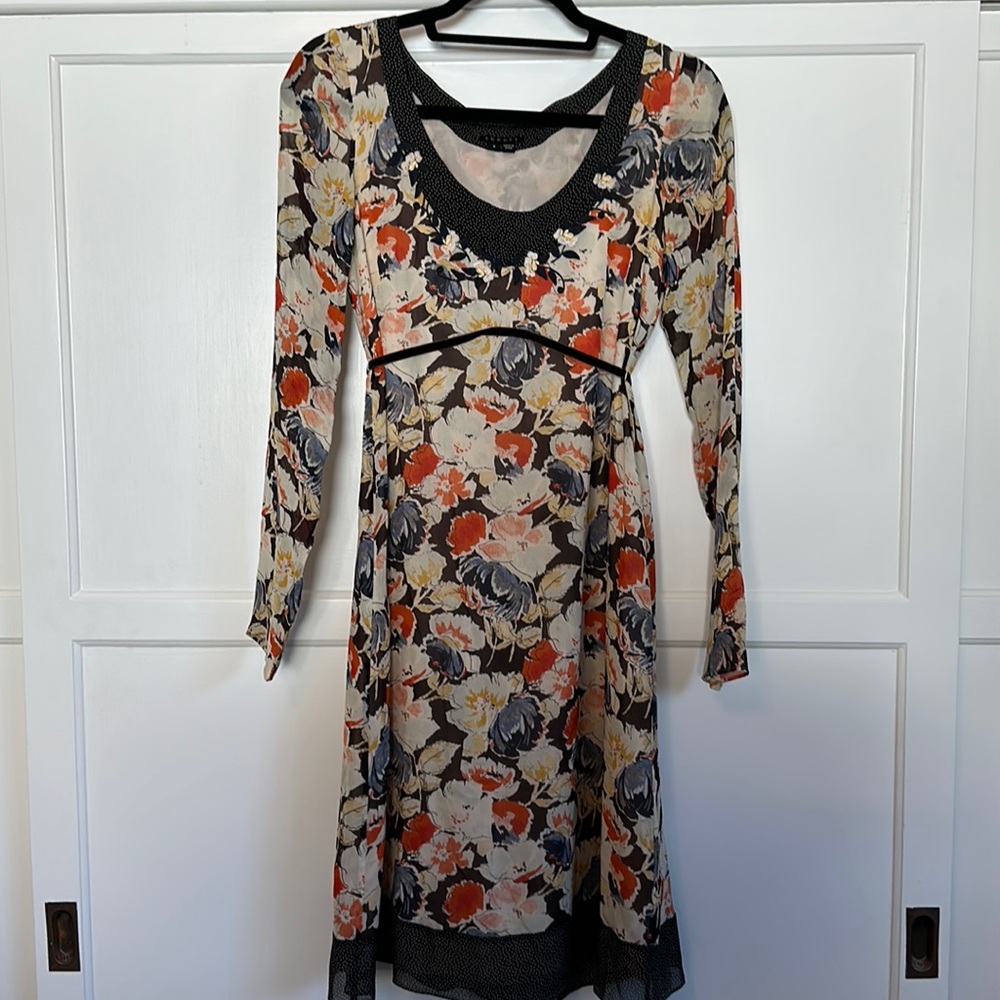Theory, NWOT. Silk Floral Dress with embroidery detail. Size 2.